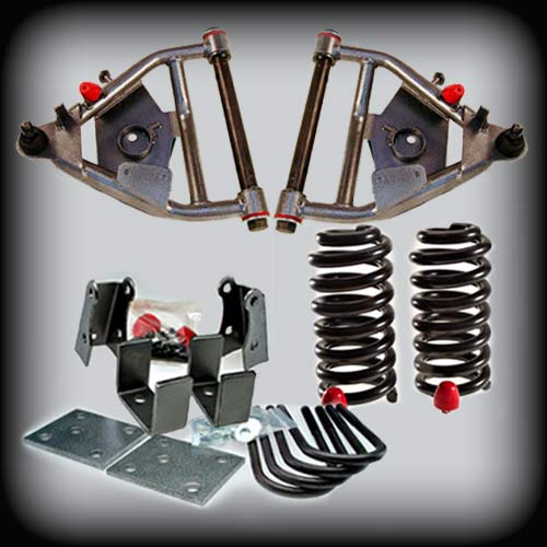 1968-1972 C10 Complete Lowering Kit 5 inch front / 5 inch rear (2.25" wide leaf springs & front disk brakes) (Shocks Included)